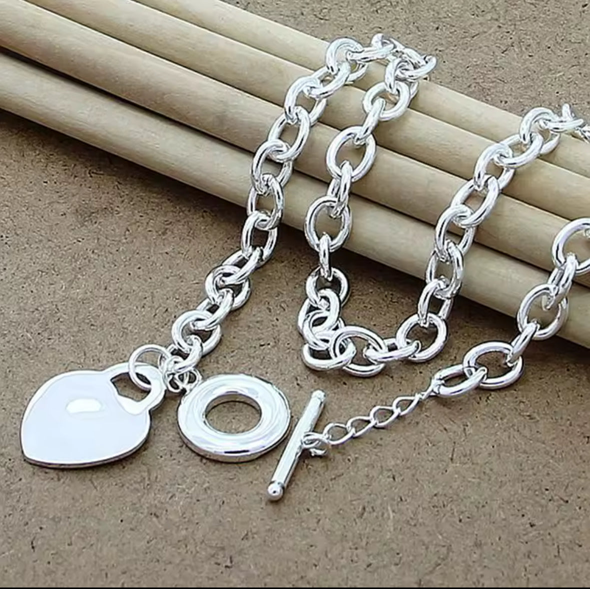 Sterling Silver  Big Link Necklace with a Toggle and Heart Pendent
