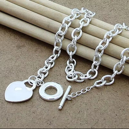 Sterling Silver  Big Link Necklace with a Toggle and Heart Pendent