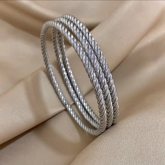 3 PCS 18K Silver Plated Stainless Steel Twisted Designs  Bangles