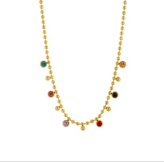 Gold Stainless Steel Multicolor Crystal Zircon Necklace