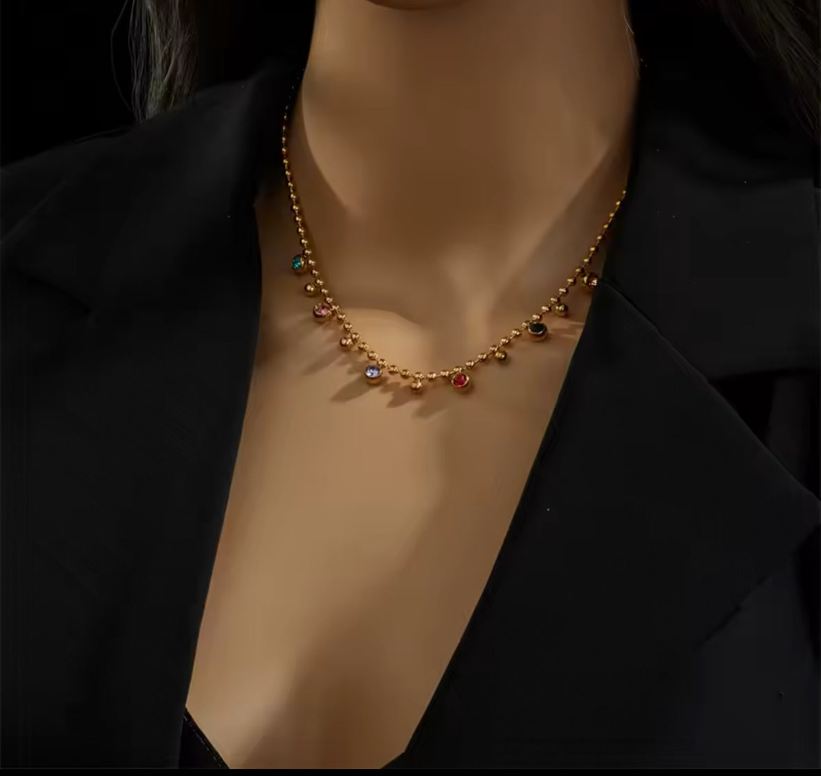 Gold Stainless Steel Multicolor Crystal Zircon Necklace