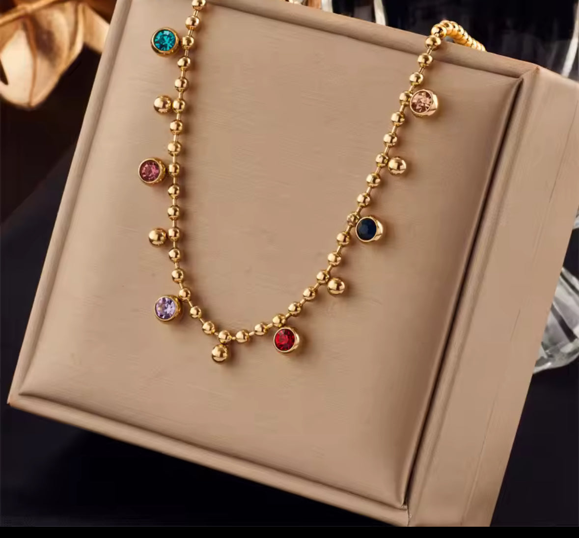 Gold Stainless Steel Multicolor Crystal Zircon Necklace