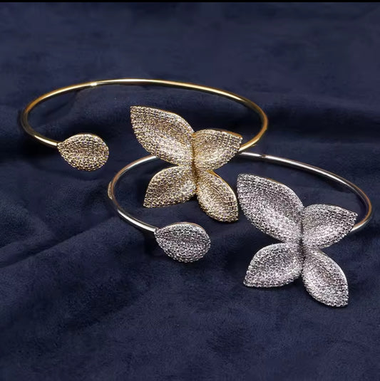 Micro Paved Cubic Zircon Leaf Cuff Bracelet