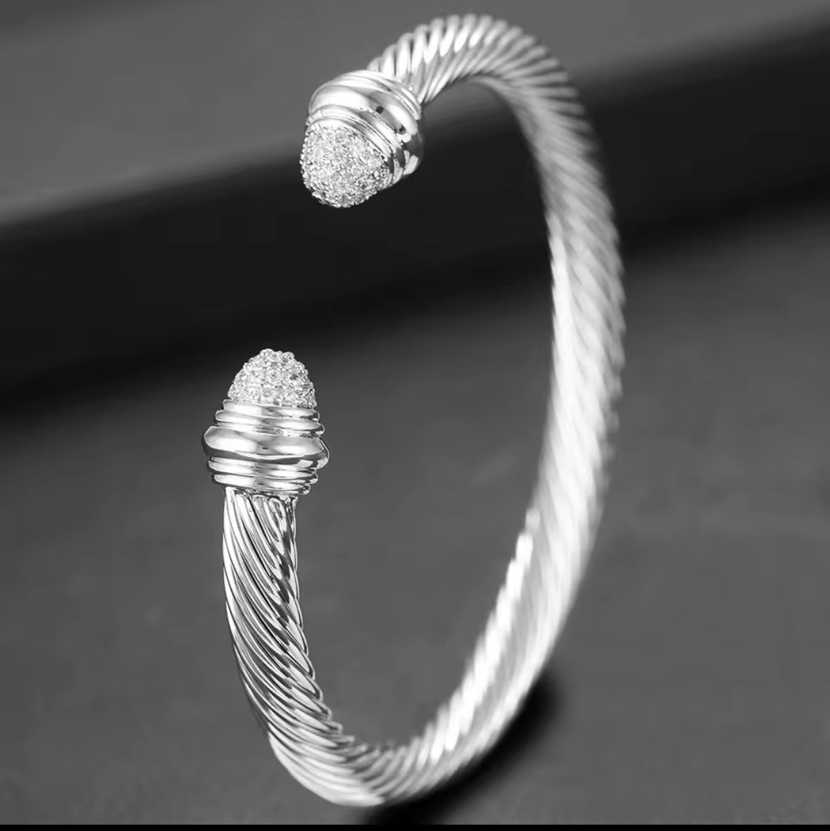 Stainless Steel Designer Inspired Silver Cable with Zircon Tip Cuff