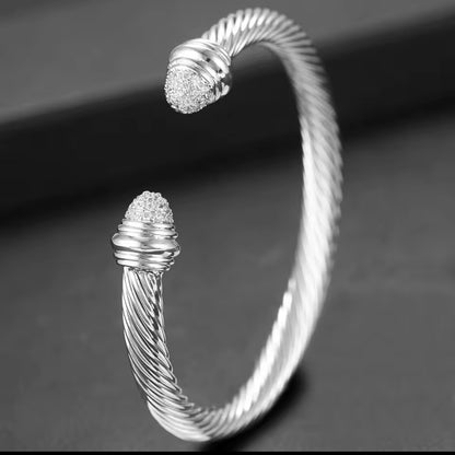 Stainless Steel Designer Inspired Silver Cable with Zircon Tip Cuff