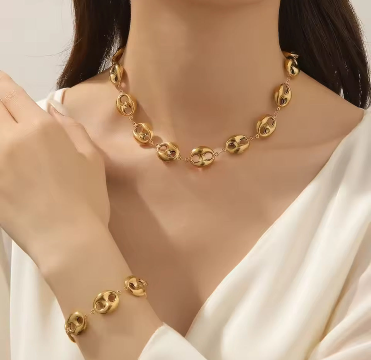 Gold Coffee Bean Link Necklace Set – Designer-Inspired Stainless Steel