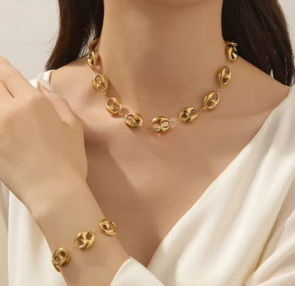 Gold Coffee Bean Link Necklace Set – Designer-Inspired Stainless Steel