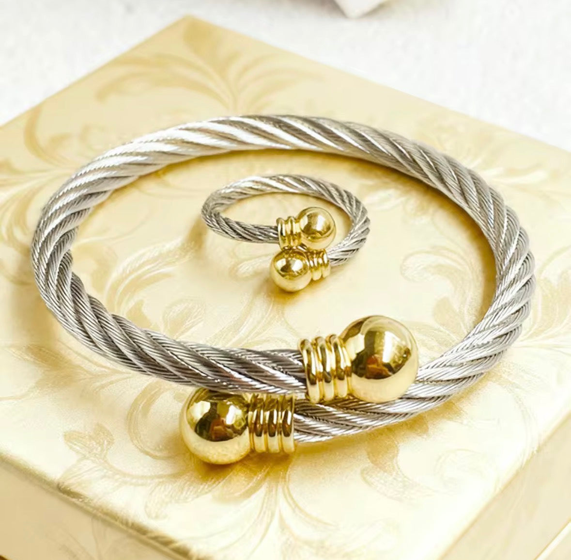 Designer Inspired Stainless Steel Gold & Silver Cable Bracelet