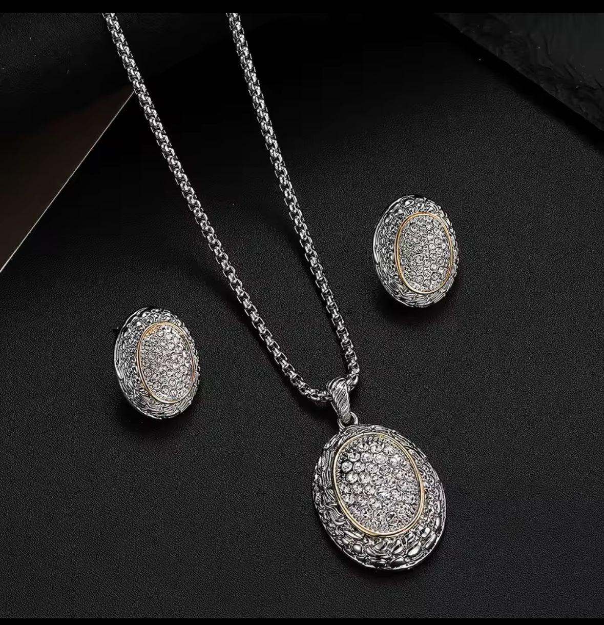 Designer-Inspired Silver Tone Oval Diamond Necklace & Earring Set