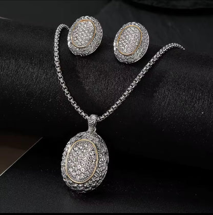 Designer-Inspired Silver Tone Oval Diamond Necklace & Earring Set
