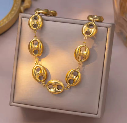 Gold Coffee Bean Link Necklace Set – Designer-Inspired Stainless Steel