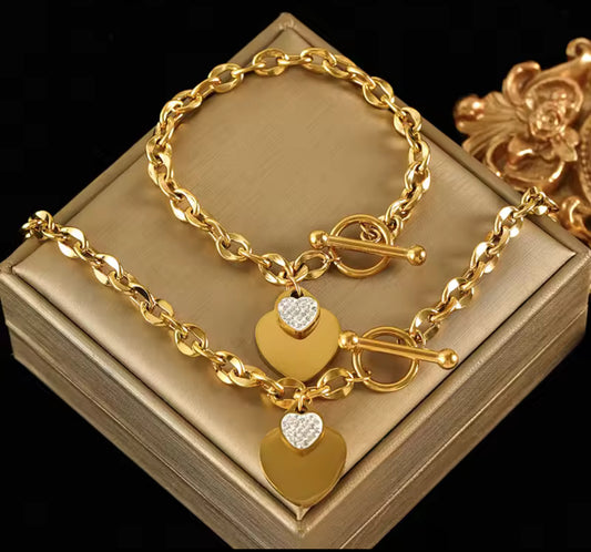 Gold Stainless Steel Double Heart Necklace & Bracelet Set with Inlaid Zircon