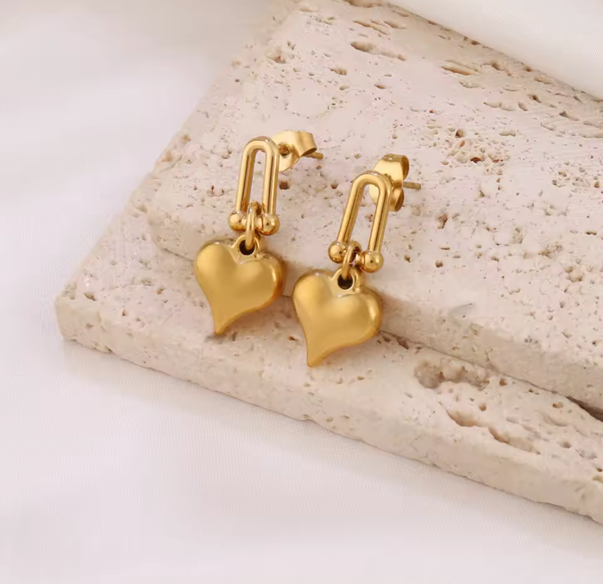Tarnish-Free Gold Heart Drop Earrings – Stainless Steel, Hypoallergenic Jewelry