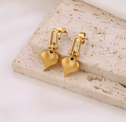 Tarnish-Free Gold Heart Drop Earrings – Stainless Steel, Hypoallergenic Jewelry
