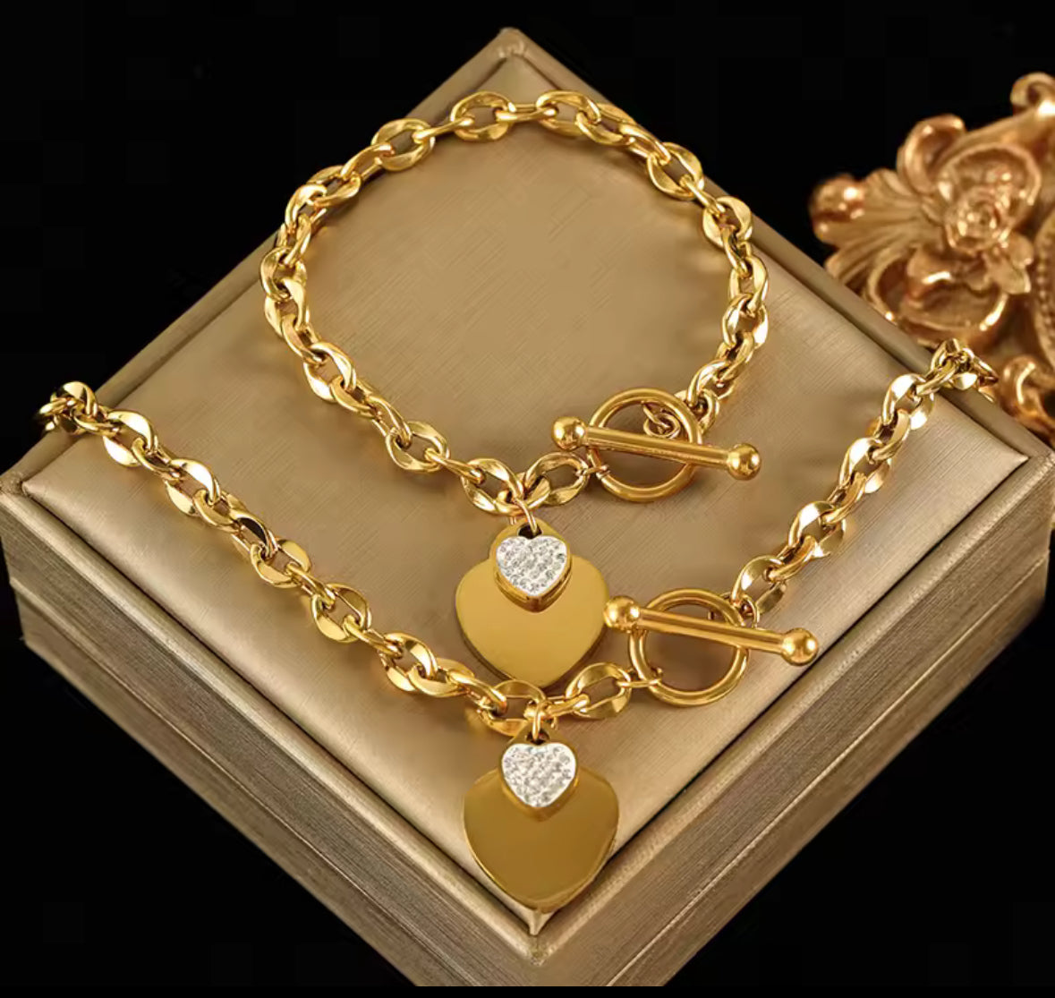 stainless steel gold double heart necklace and bracelet set