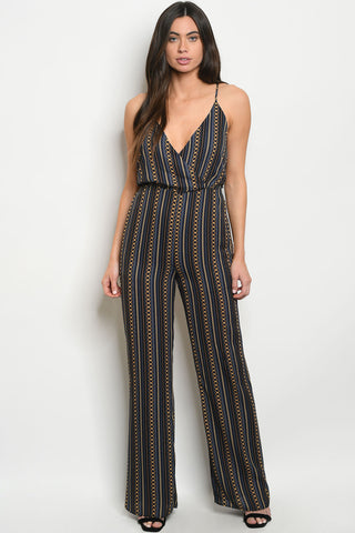 Picture of J927-NAVY MUSTARD CHAIN PRINT JUMPSUIT