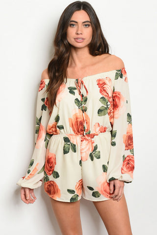 Picture of R474 Cream with Rose off shoulder Romper