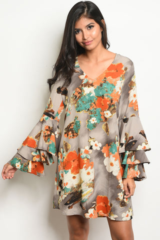 Picture of BEAUTIFUL EARTH TONE FLORAL BELL SLEEVE DRESS