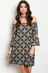 D4157-NAVY AND GREEN PATTERN OF SHOULDER DRESS