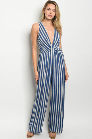 Picture of J475 Blue and White Low cut Vneck Open Back Jumpsuit